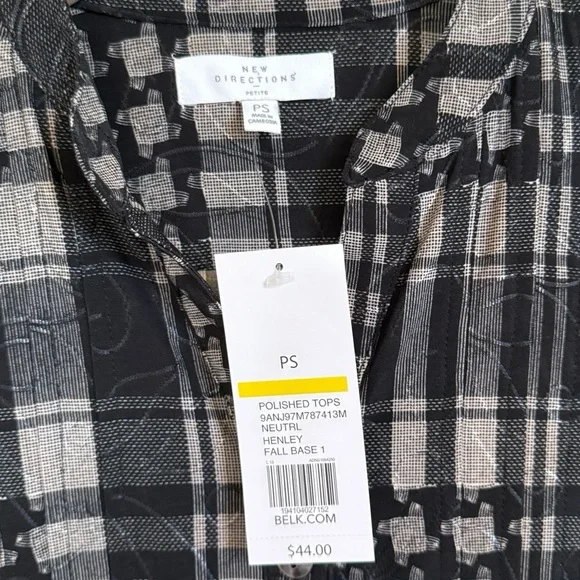 NWT New Directions Plaid Henley Fall Base 3/4 Sleeve Black White Women’s Size SP - Picture 4 of 10